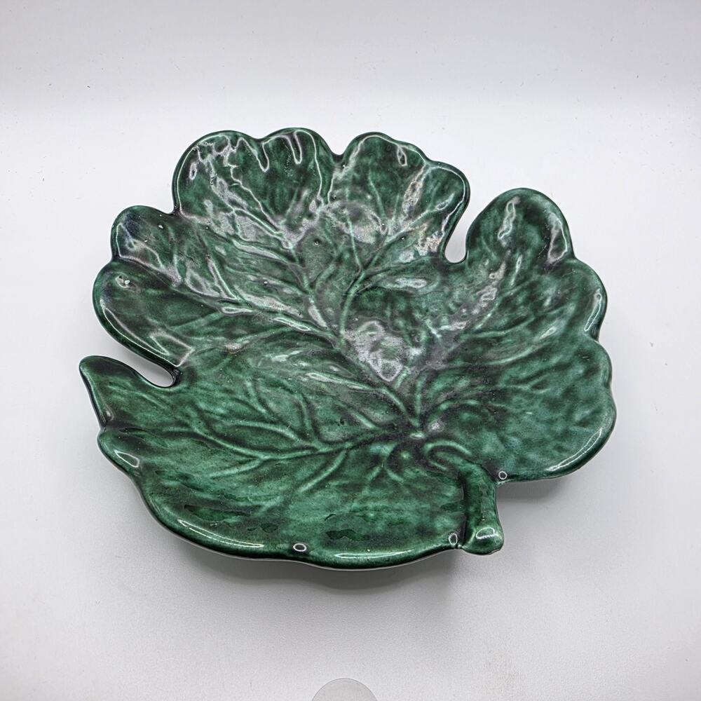 Vintage Signed Green Majolica Style Leaf Trinket Dish 5.5" Pottery